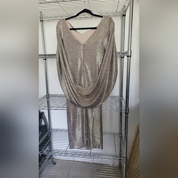 Gold/silver metallic Betsy and Adam sheath dress with draped sleeves size 6 - Picture 2 of 6